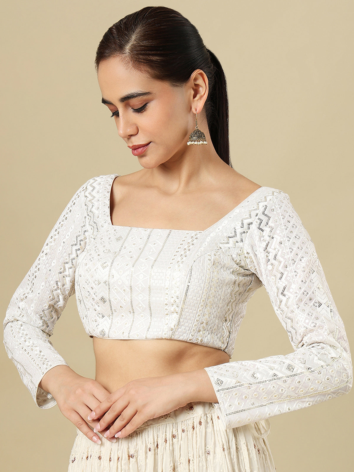 White georgette embellished blouse with square neckline and full sleeves