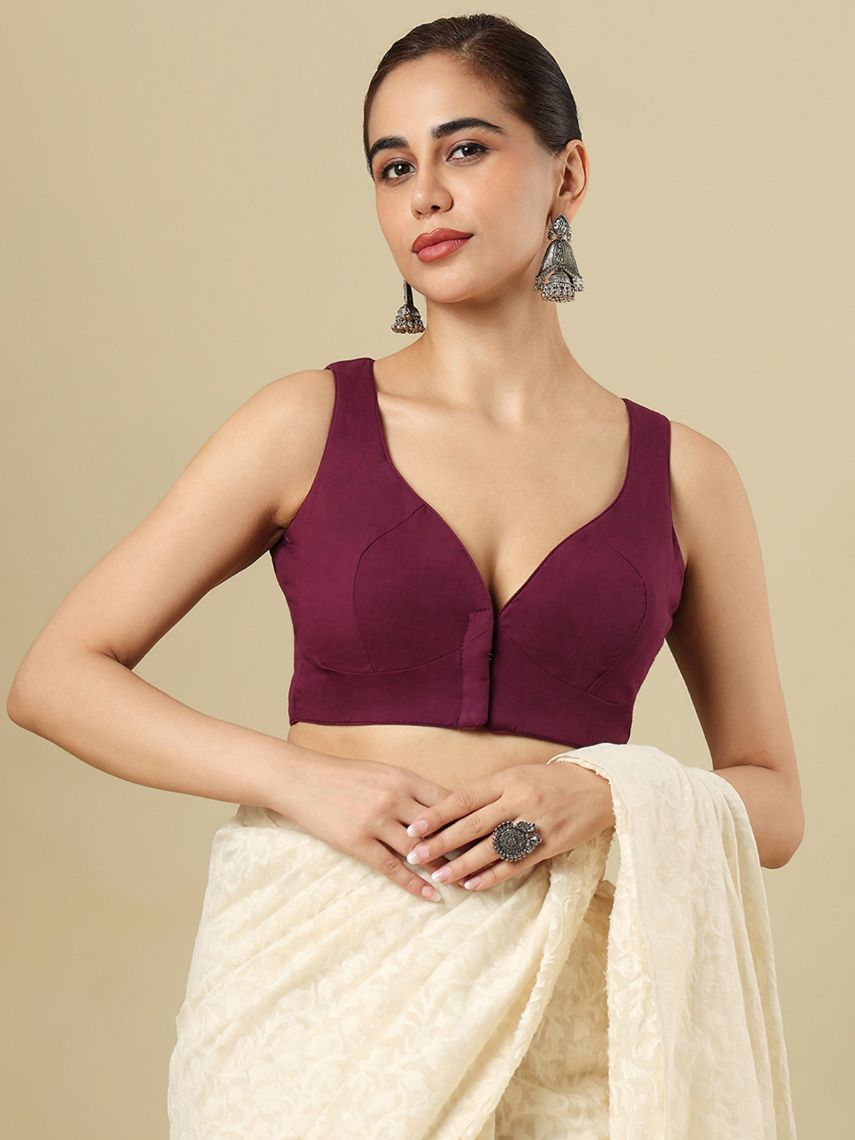 Wine cotton solid blouse with sweetheart neckline and front opening
