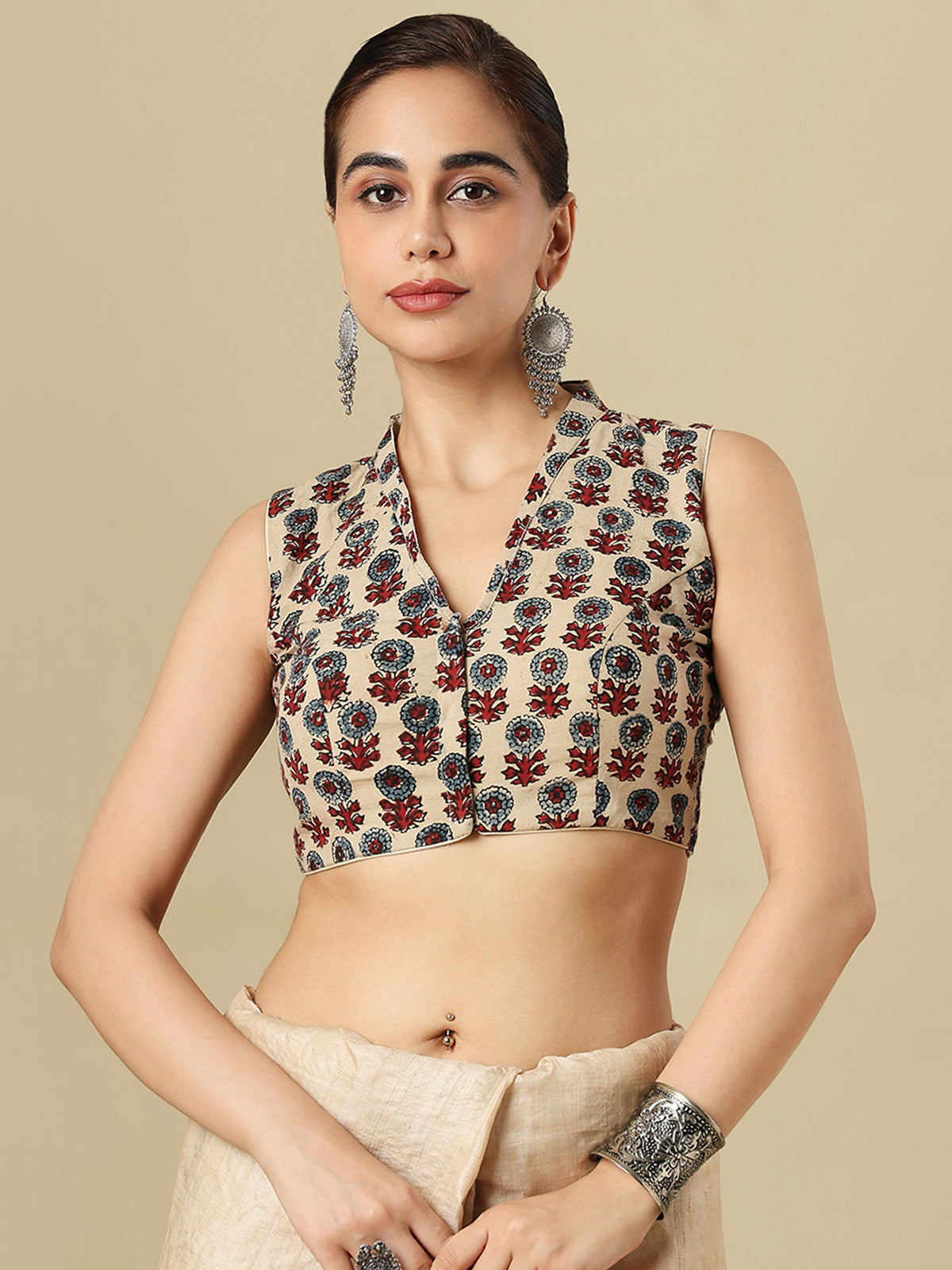 Elegant beige cotton printed blouse with V neck front opening