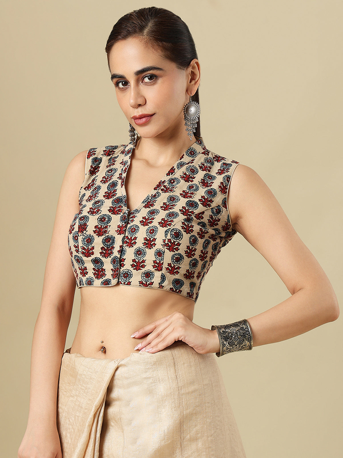 Elegant beige cotton printed blouse with V neck front opening