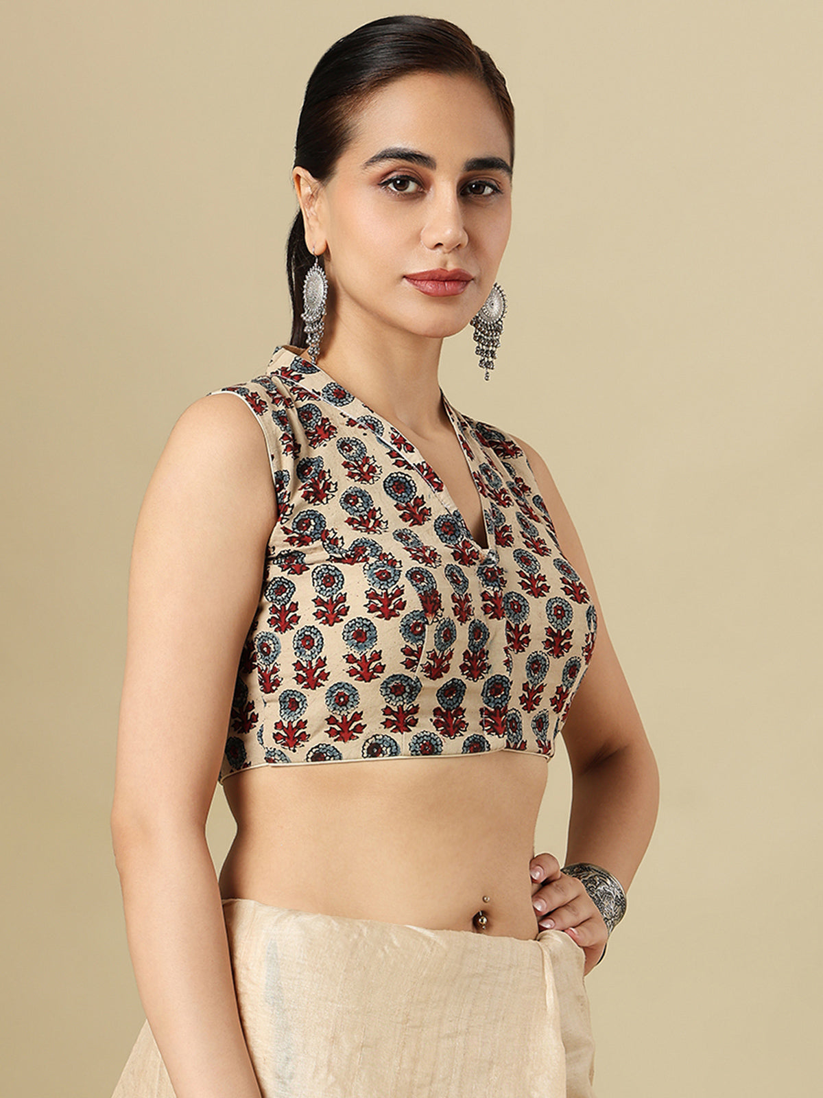 Elegant beige cotton printed blouse with V neck front opening