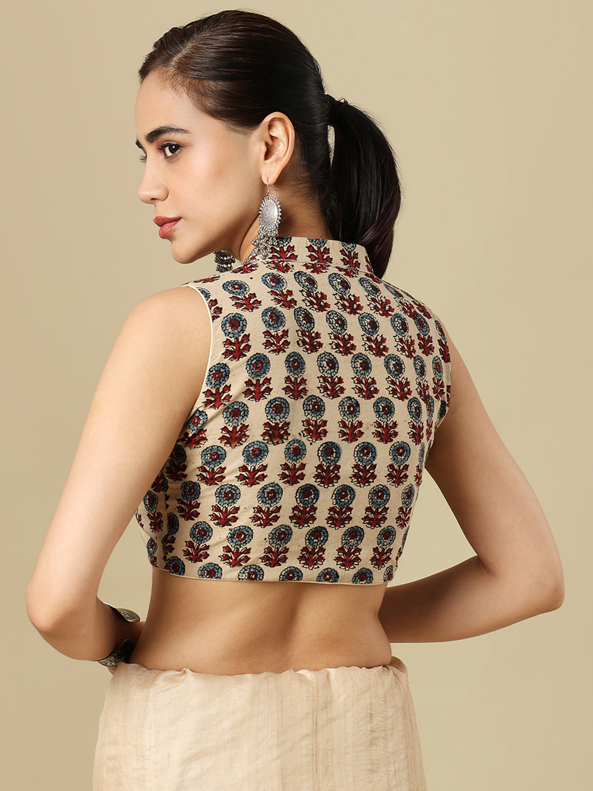 Elegant beige cotton printed blouse with V neck front opening