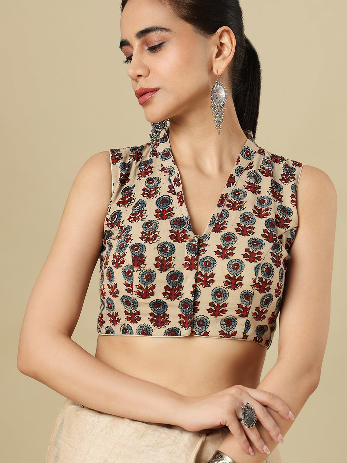 Elegant beige cotton printed blouse with V neck front opening