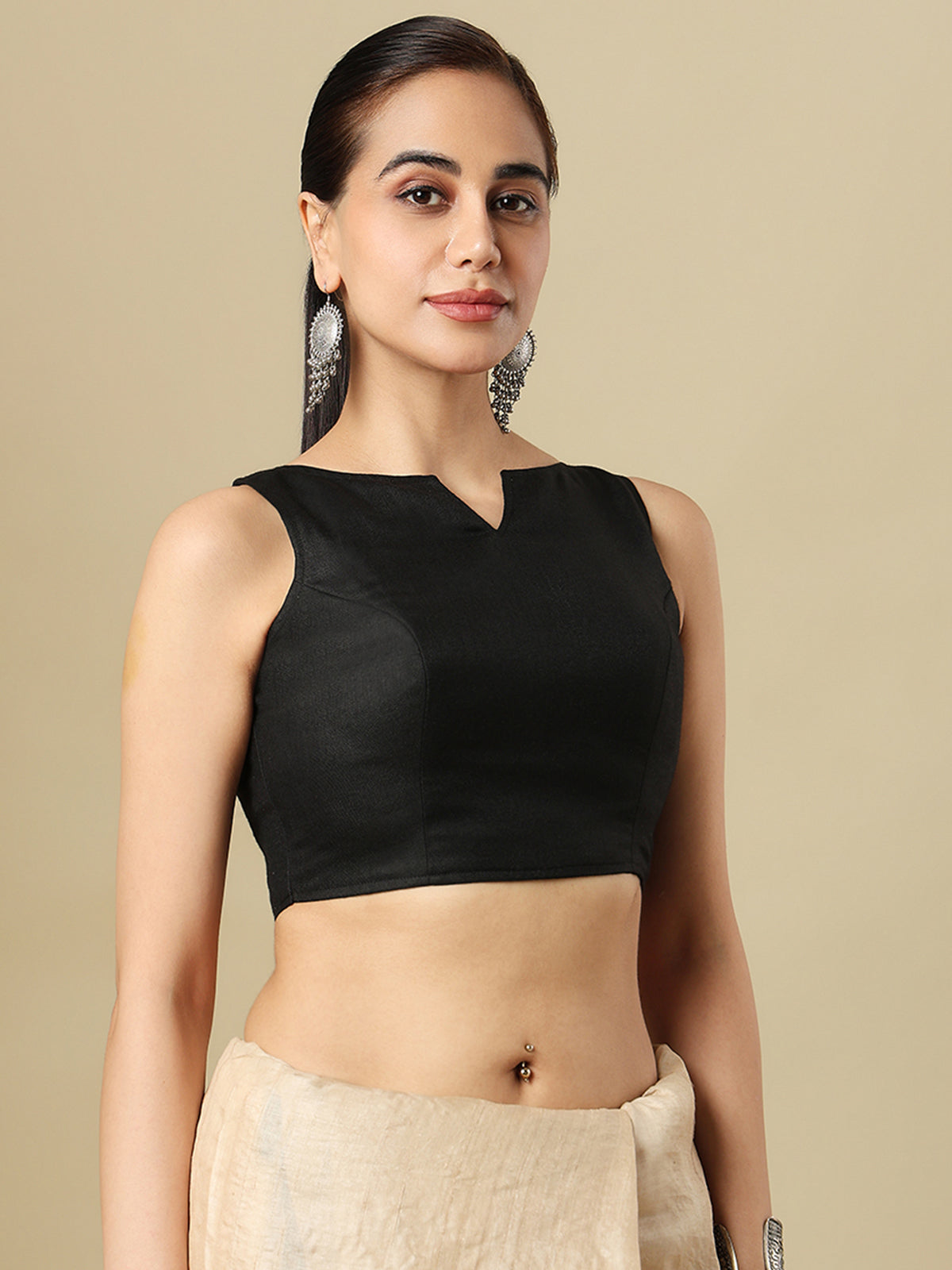 Black linen solid blouse with boat neckline and back opening