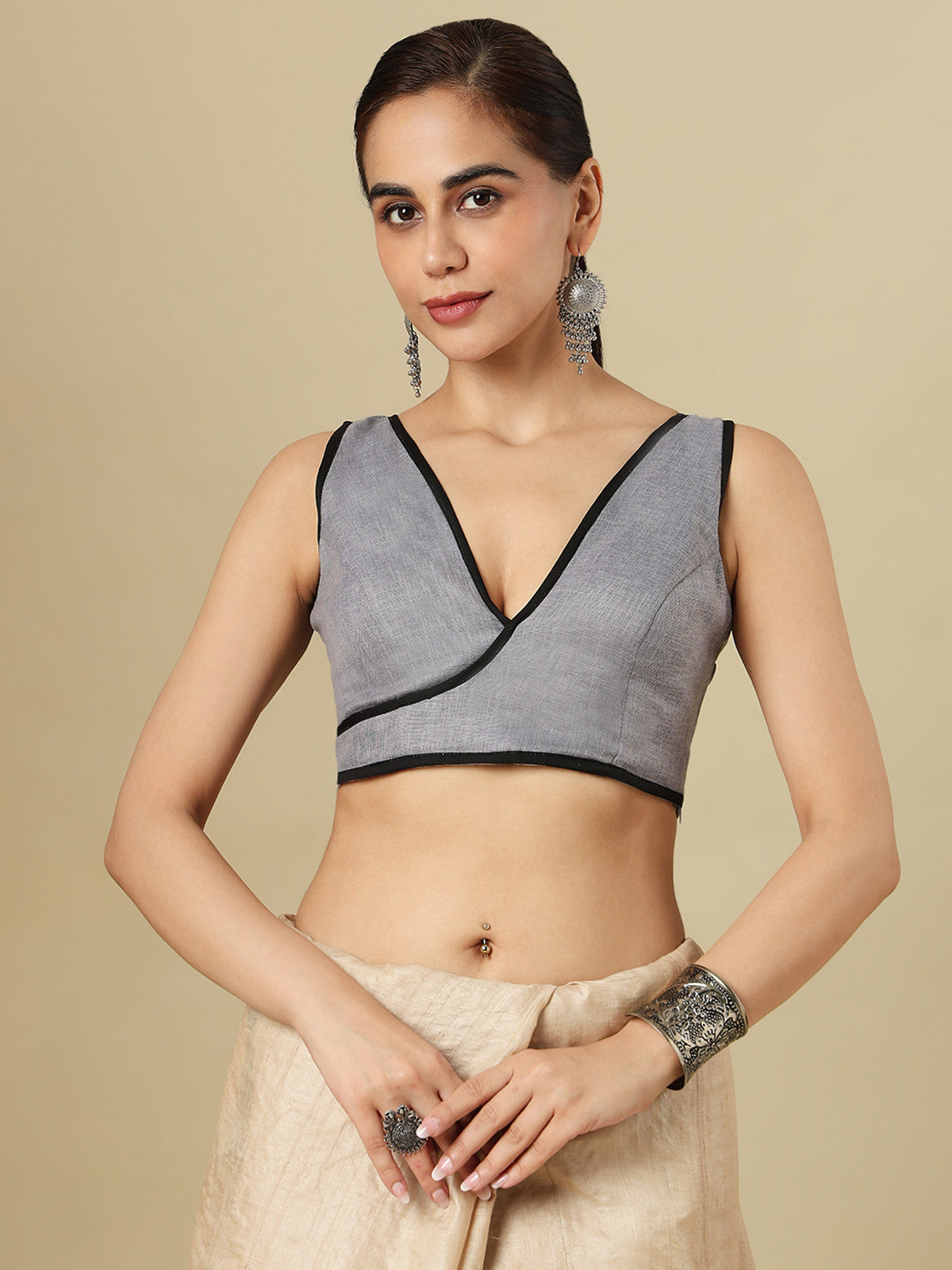 Grey linen solid blouse with V neck and side opening design