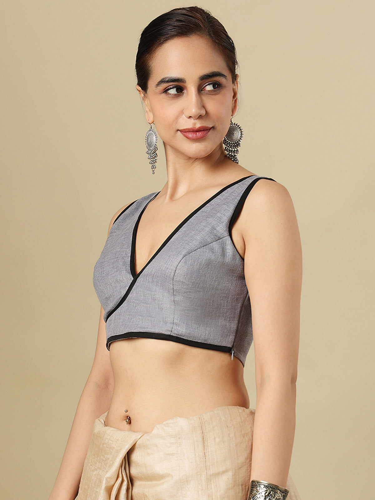 Grey linen solid blouse with V neck and side opening design