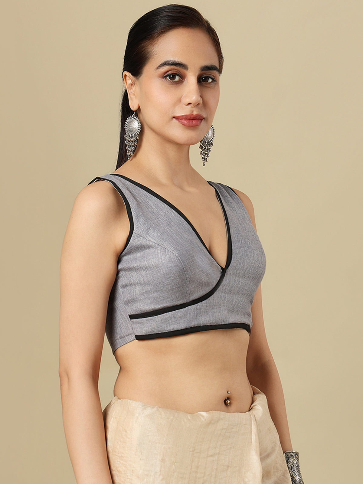 Grey linen solid blouse with V neck and side opening design