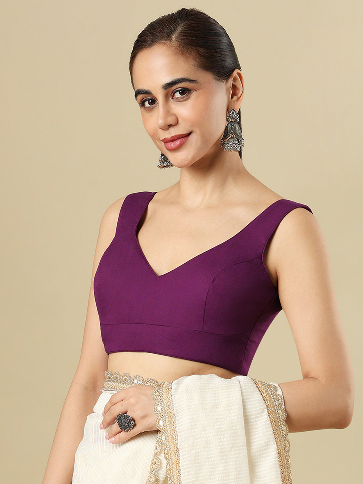 Purple cotton solid blouse with sweetheart neckline and back opening