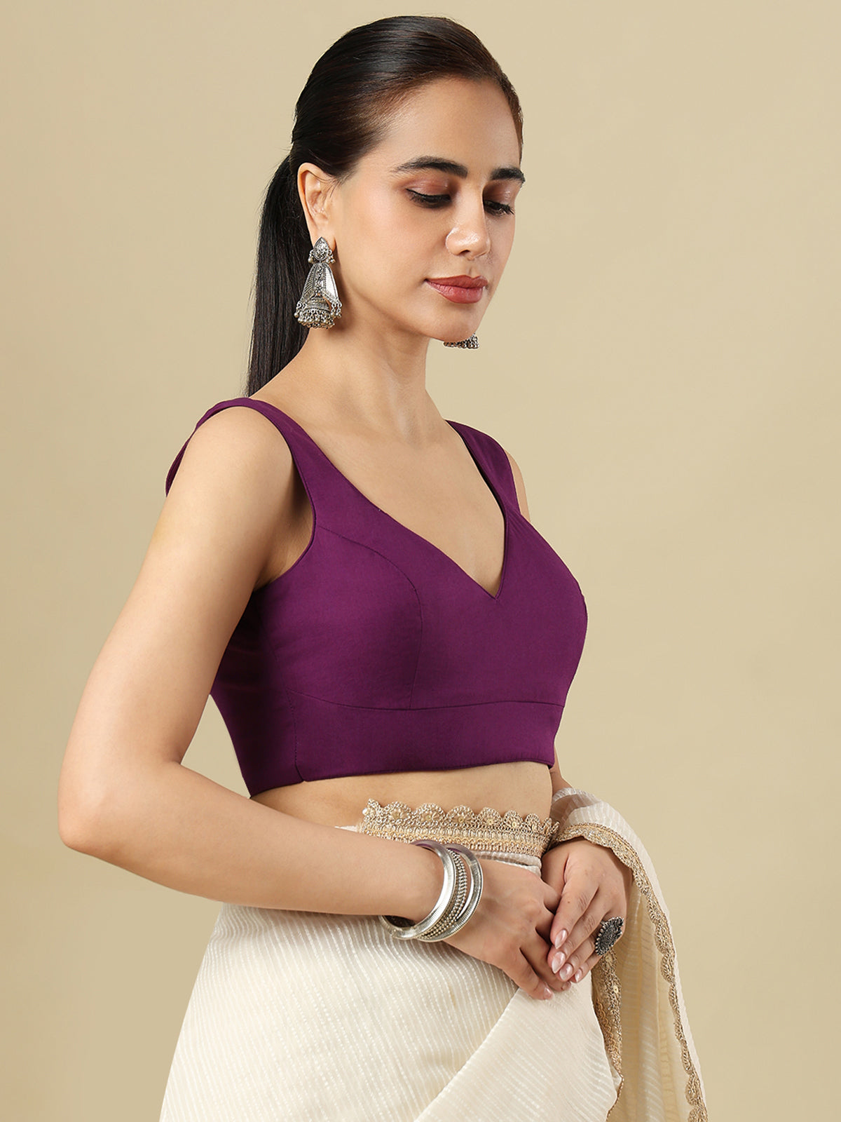 Purple cotton solid blouse with sweetheart neckline and back opening