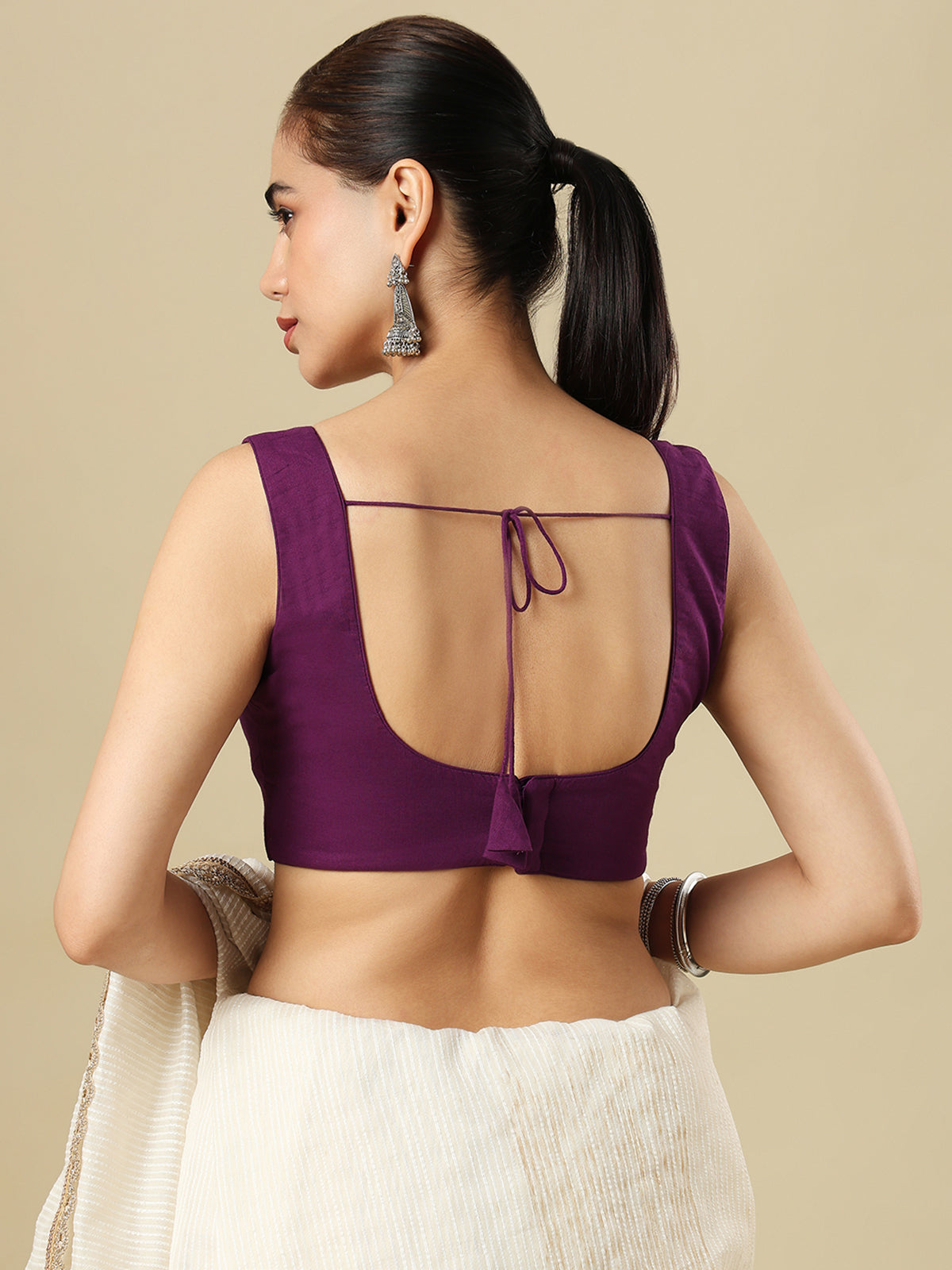 Purple cotton solid blouse with sweetheart neckline and back opening
