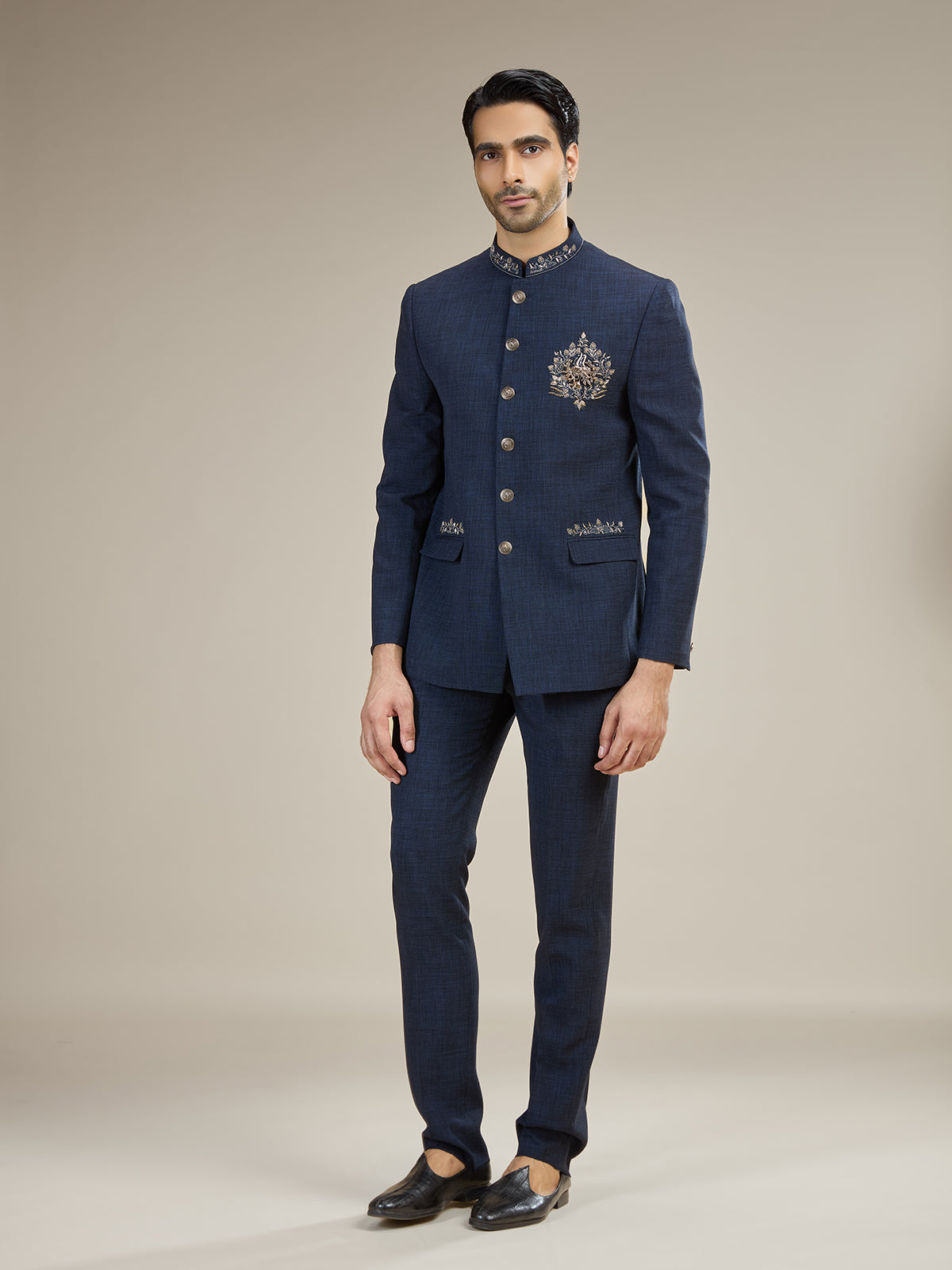 Navy blue mens antique button jodhpuri suit