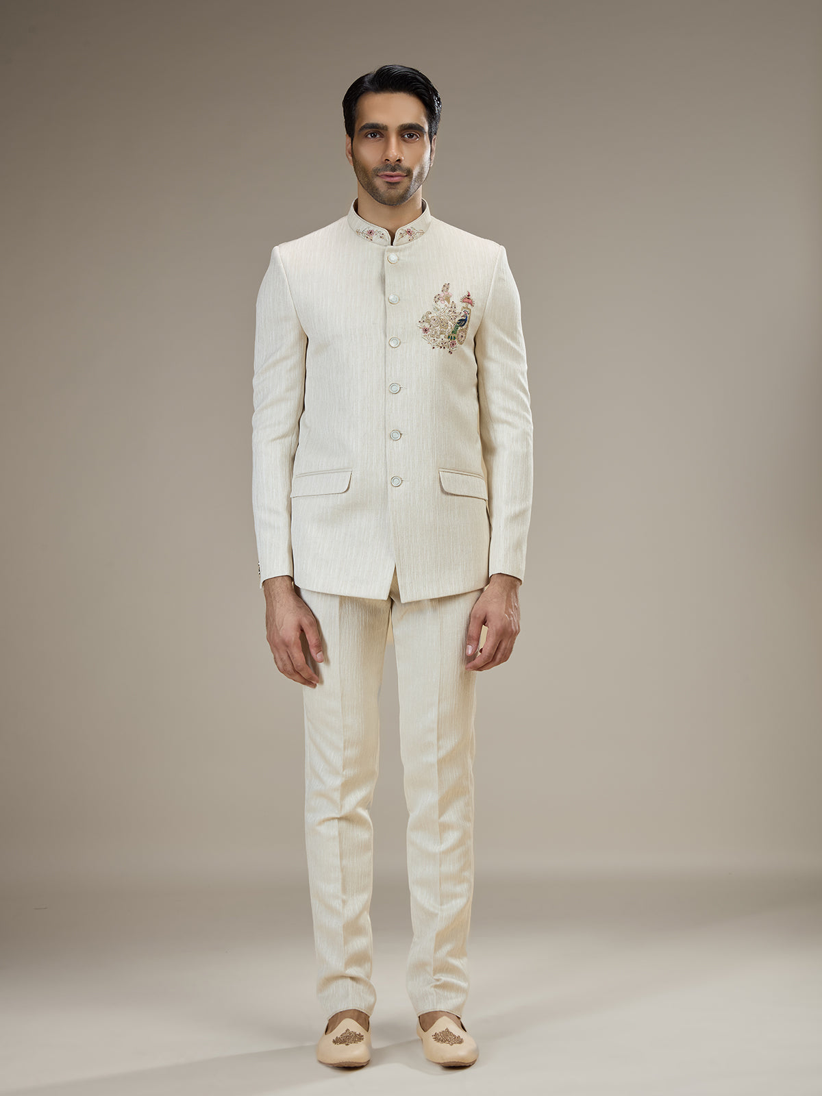 Cream mens jacquard jodhpuri suit