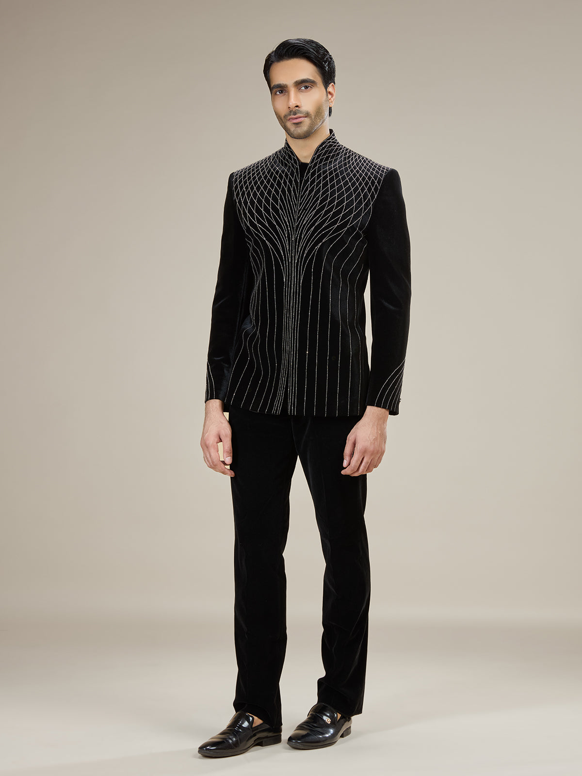 Black mens velvet pinstripe jodhpuri suit