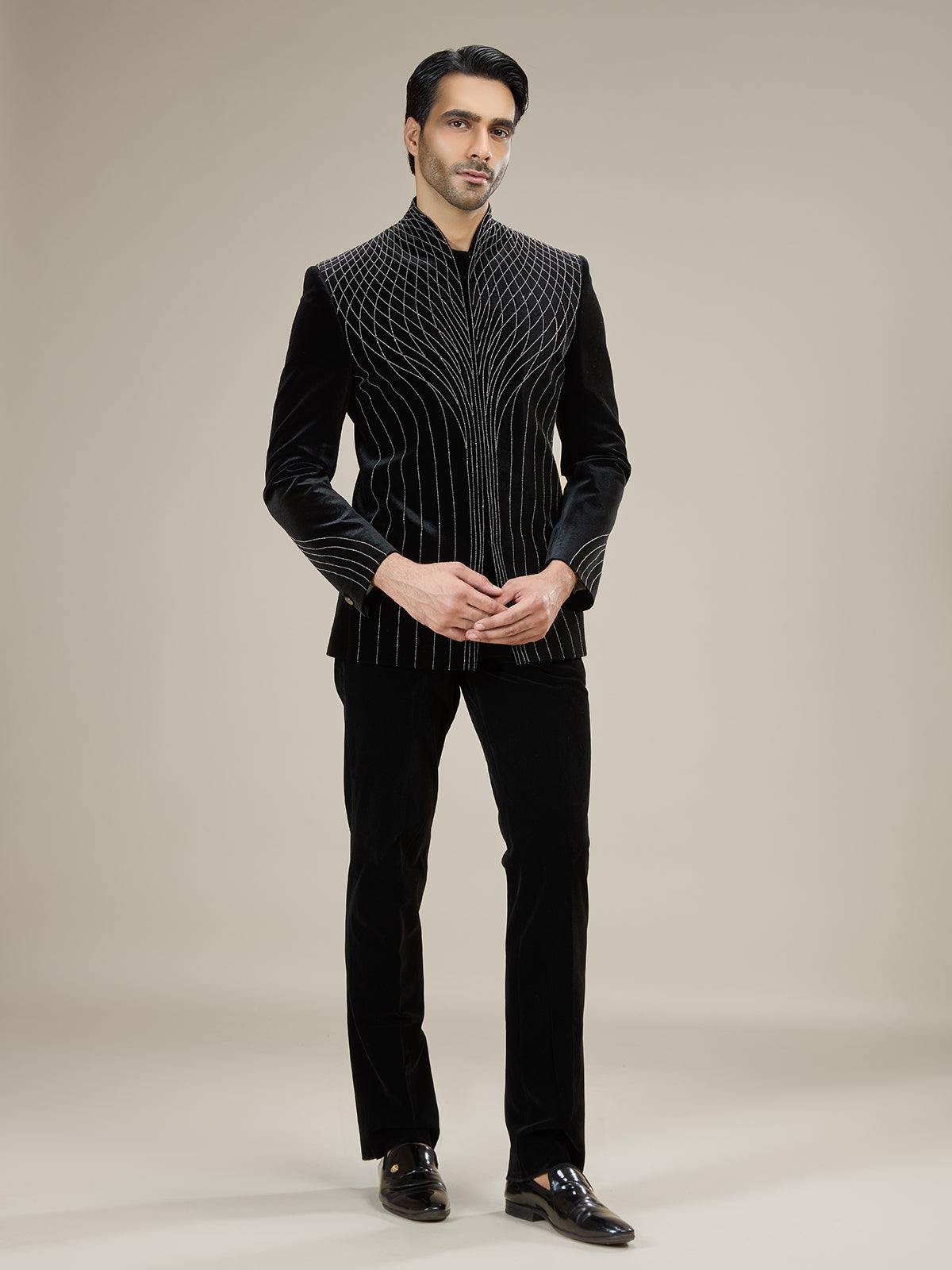 Black mens velvet pinstripe jodhpuri suit
