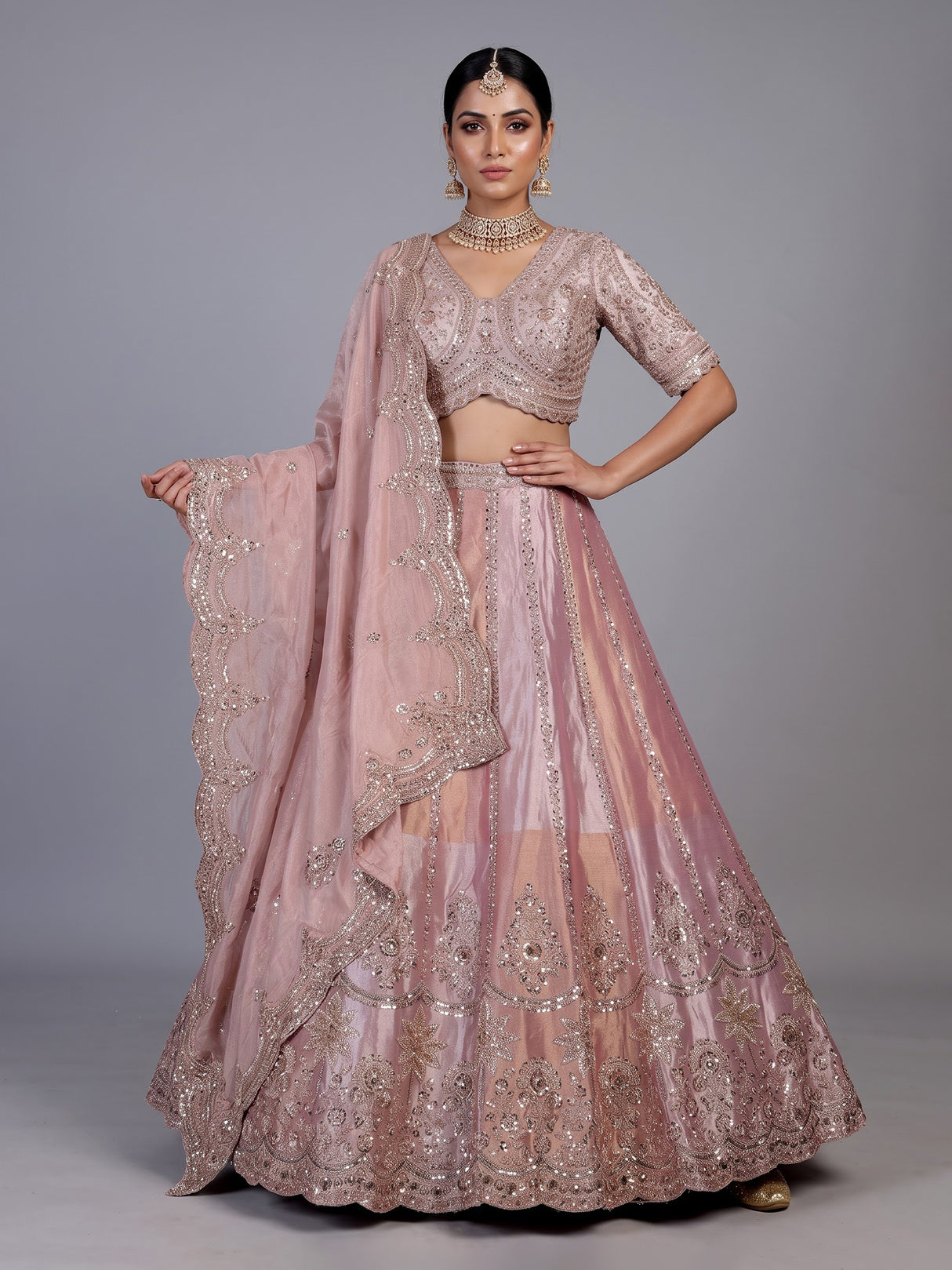 Onion pink floral raw silk lehenga choli for women