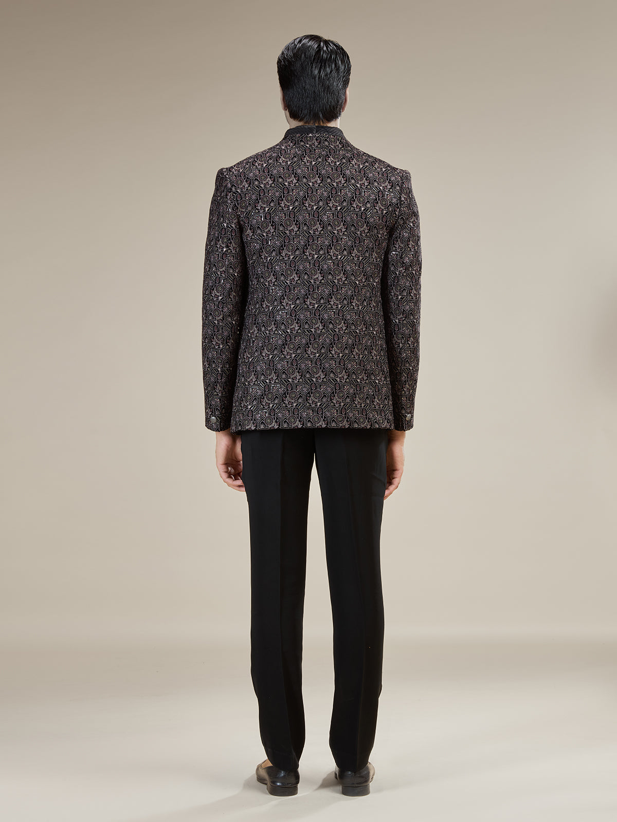 Black mens geometric velvet jodhpuri suit