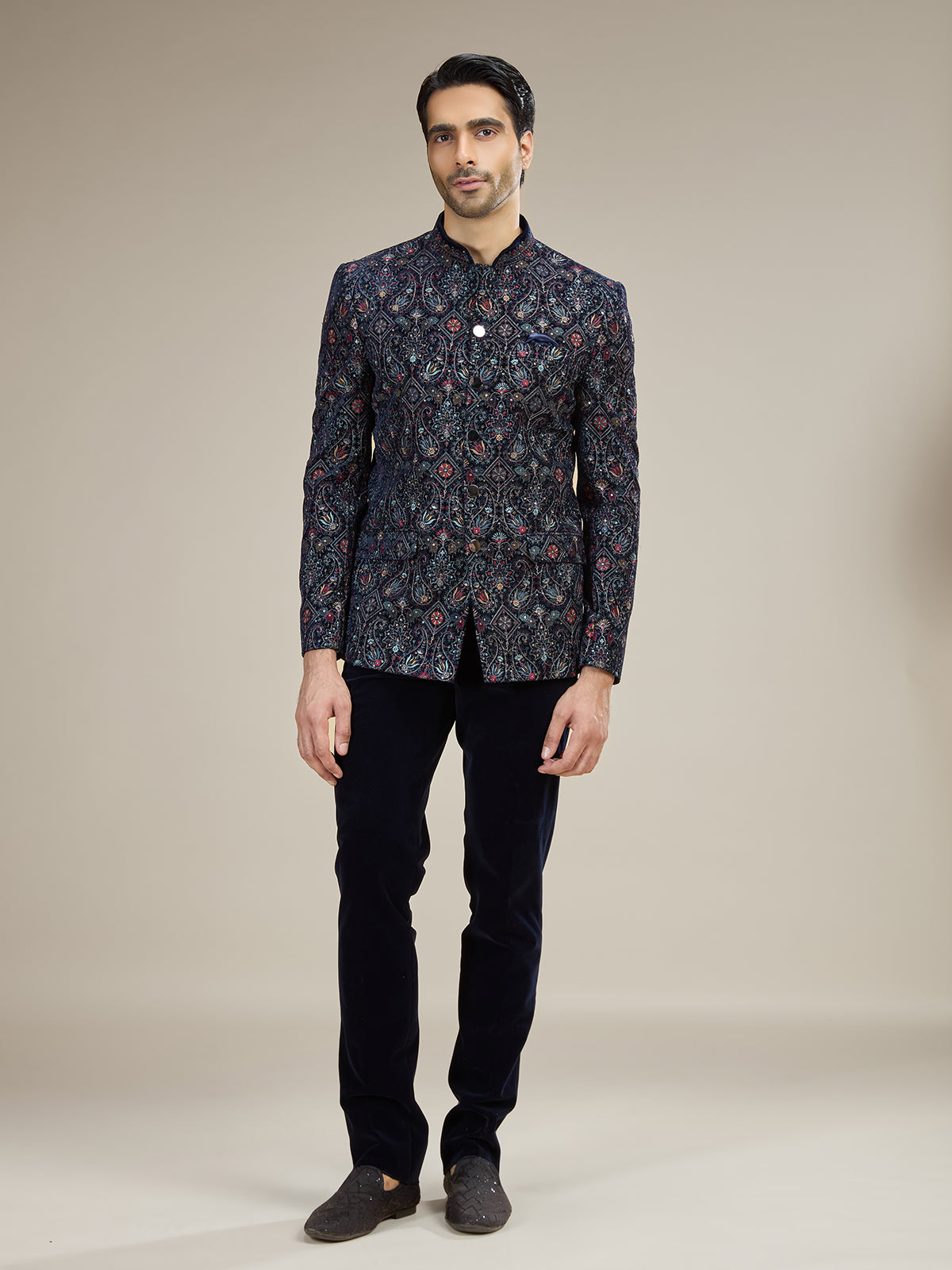Navy blue mens botanical velvet jodhpuri suit
