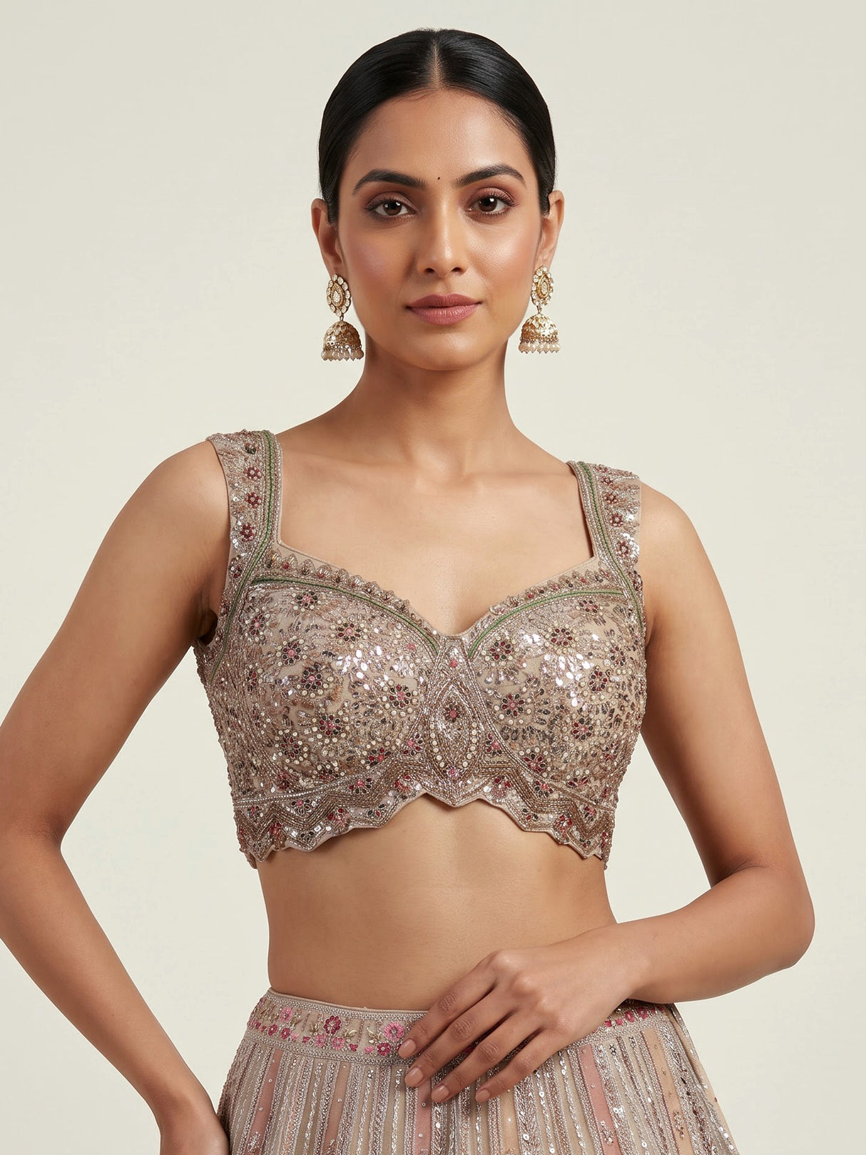 Beige zardozi kalidar lehenga choli for women