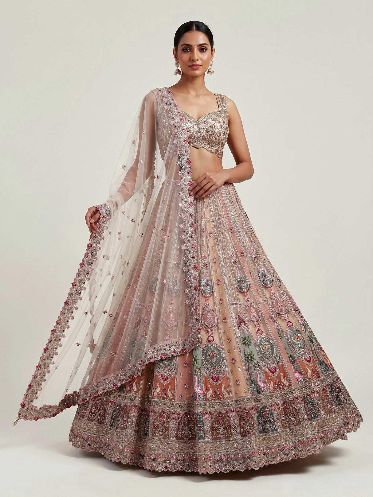 Beige zardozi kalidar lehenga choli for women
