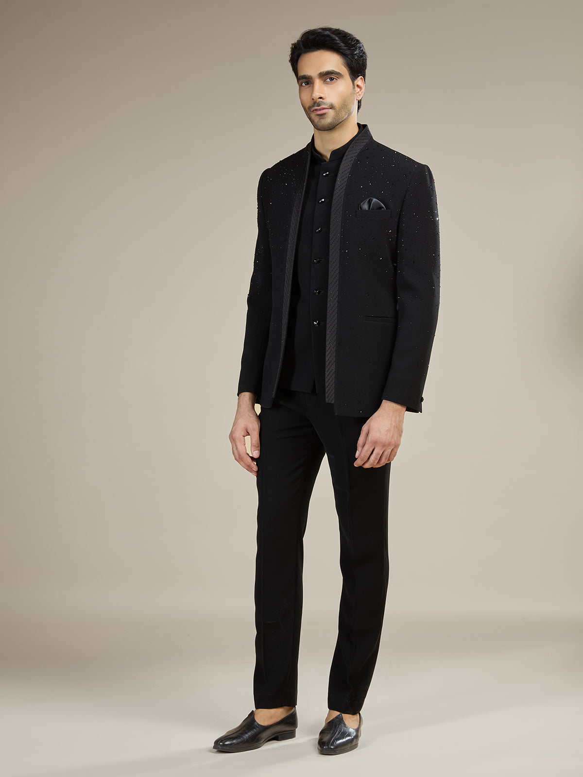 Black mens shimmering night sky jodhpuri suit
