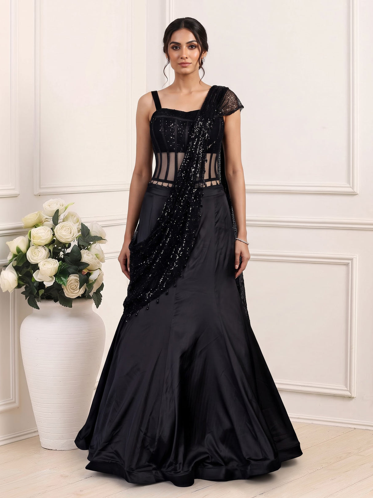 Black satin mermaid lehenga choli for women