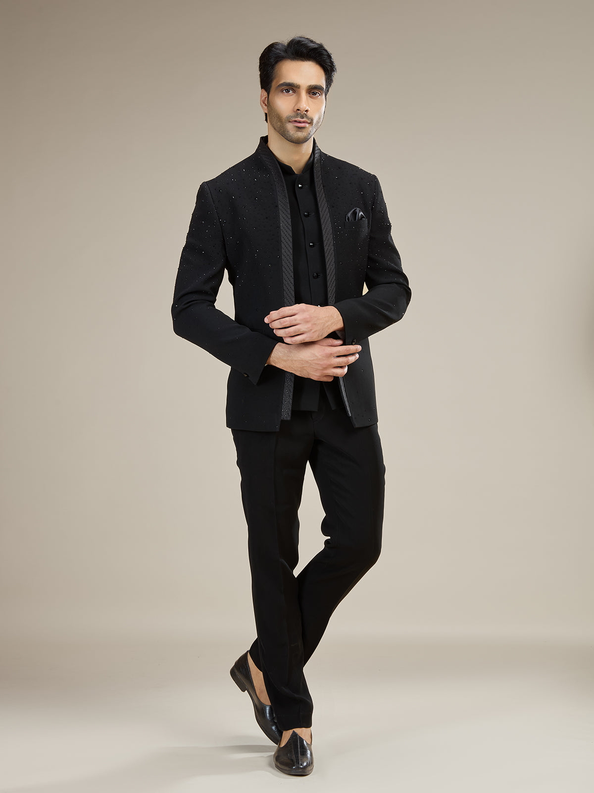 Black mens shimmering night sky jodhpuri suit