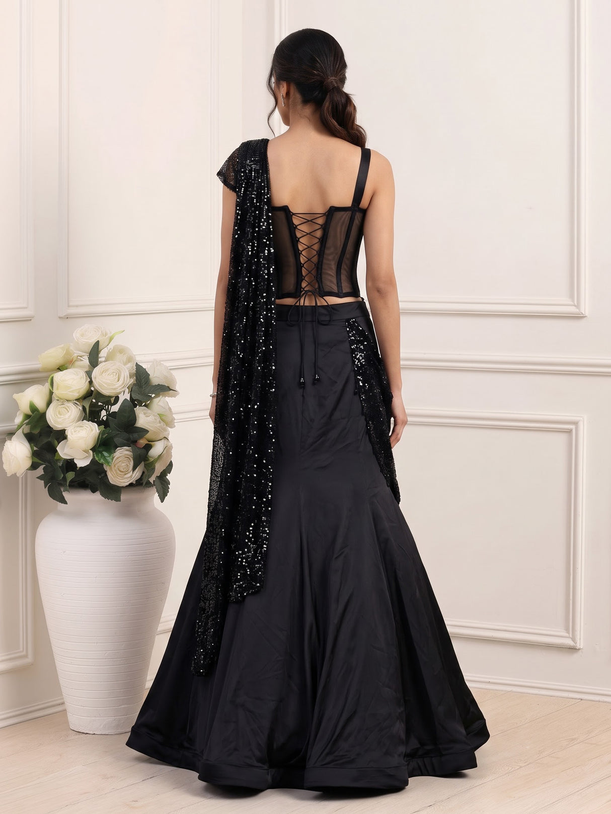 Black satin mermaid lehenga choli for women
