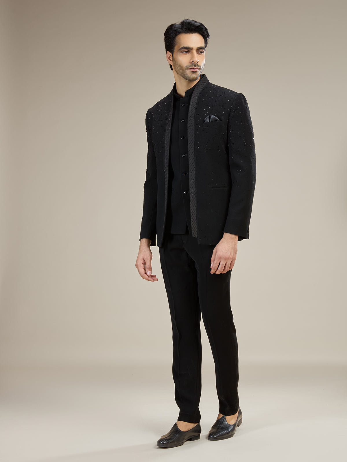 Black mens shimmering night sky jodhpuri suit