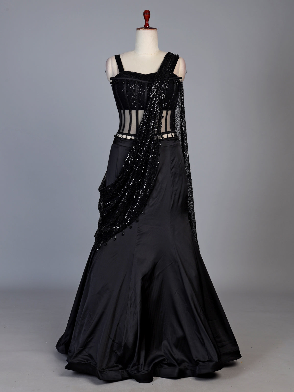 Black satin mermaid lehenga choli for women