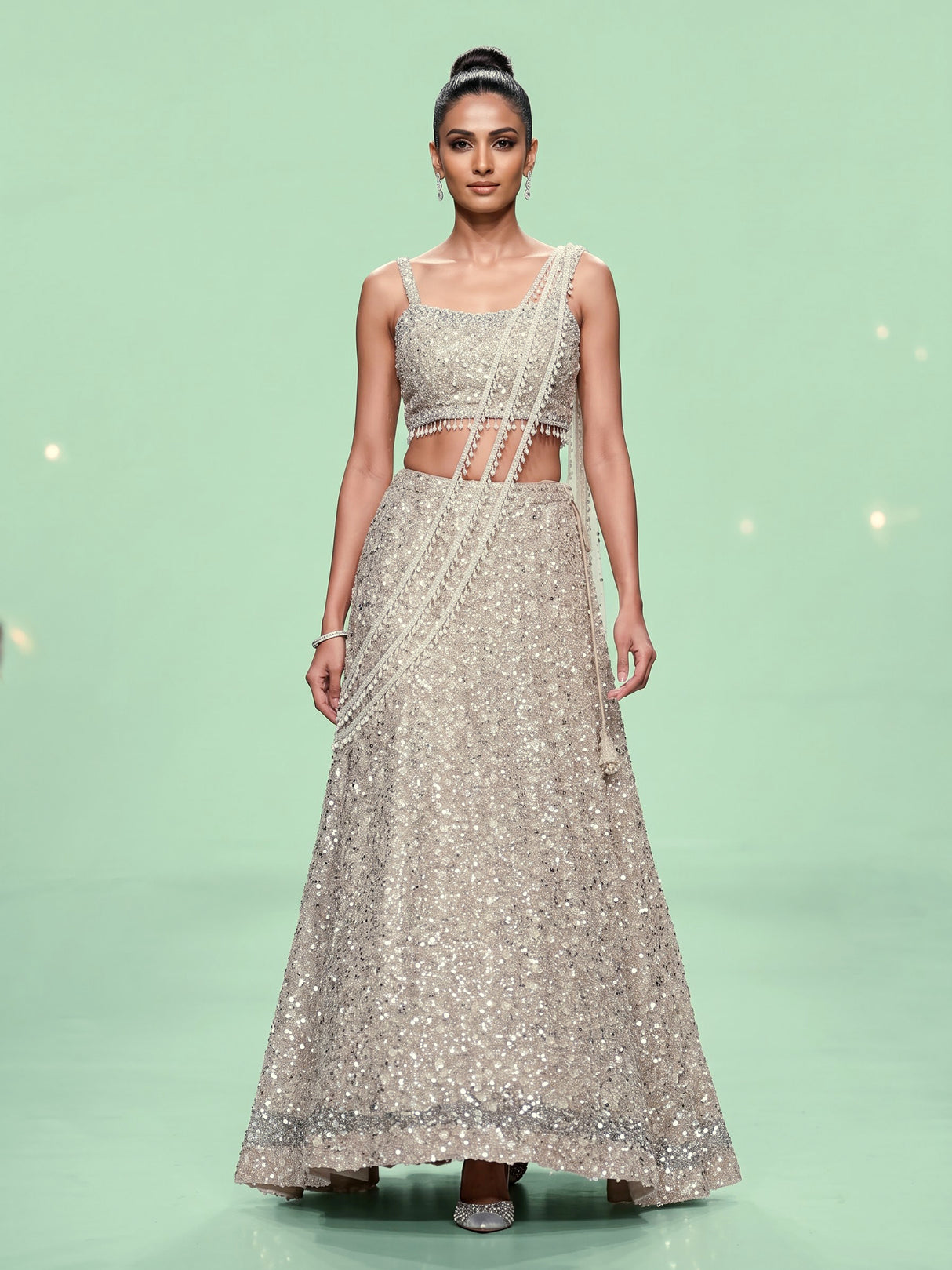 Beige pearl drape designer lehenga choli for women