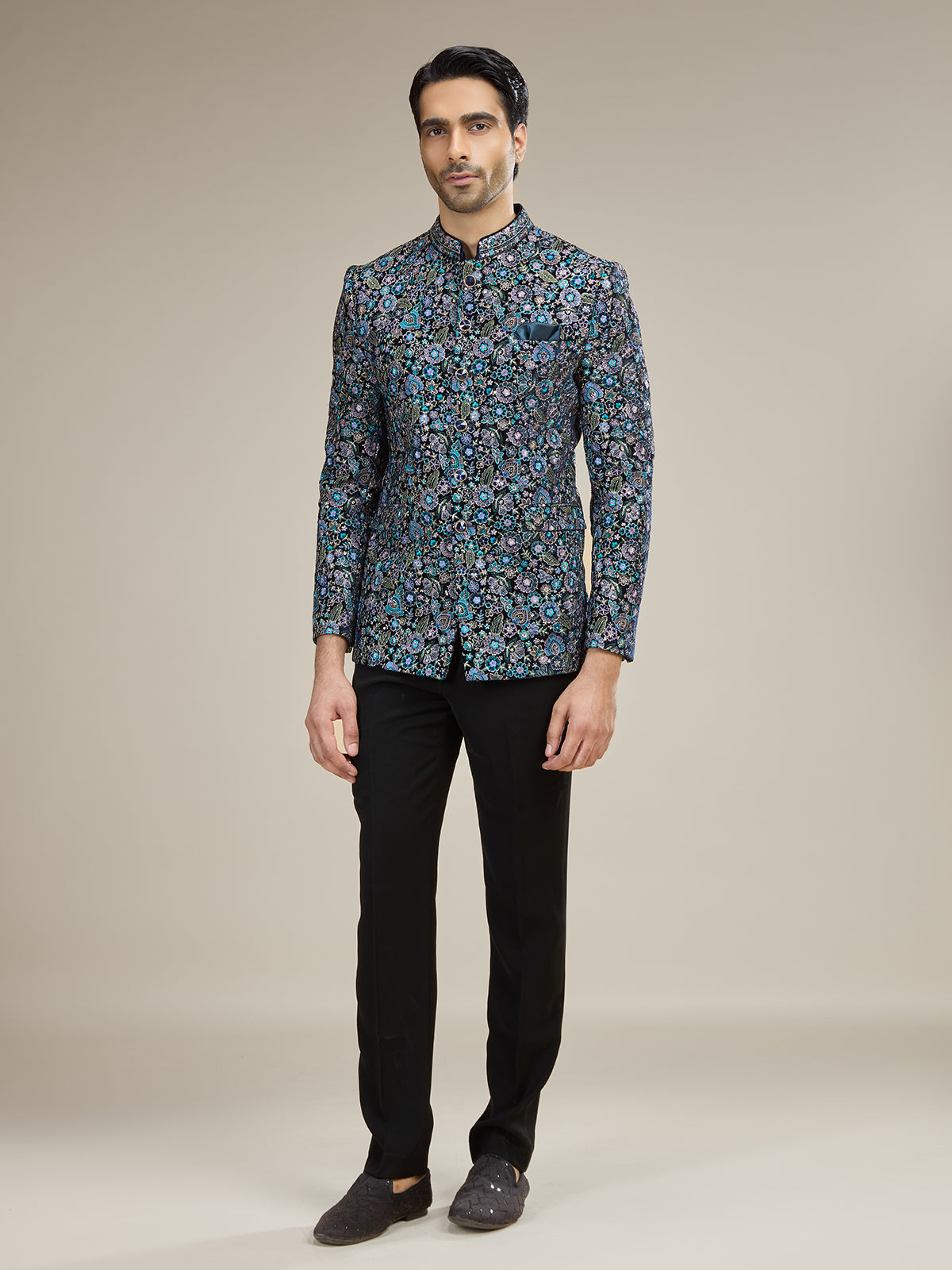 Black mens multicolor botanical jodhpuri suit
