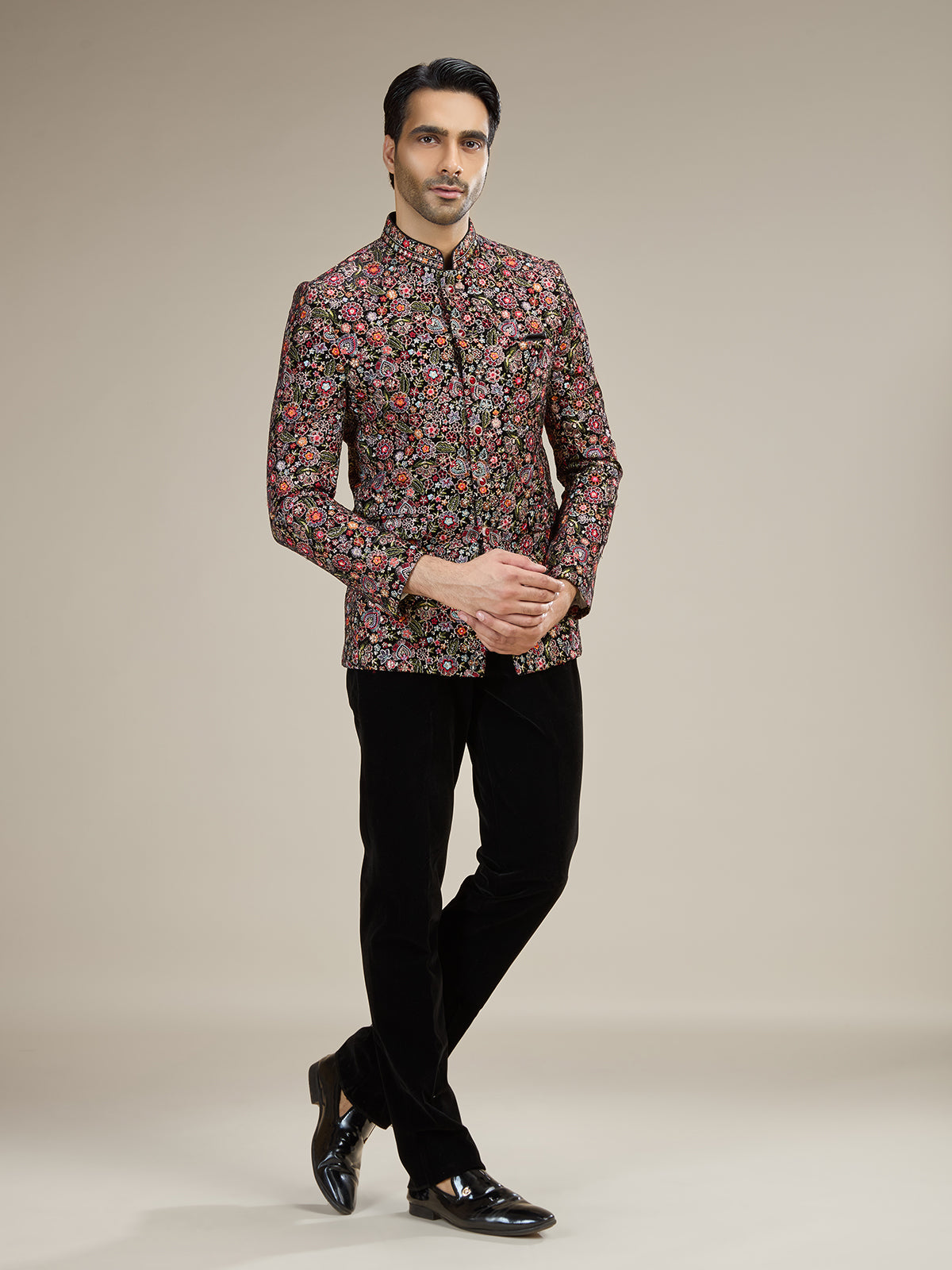 Black mens cool tone floral jodhpuri suit