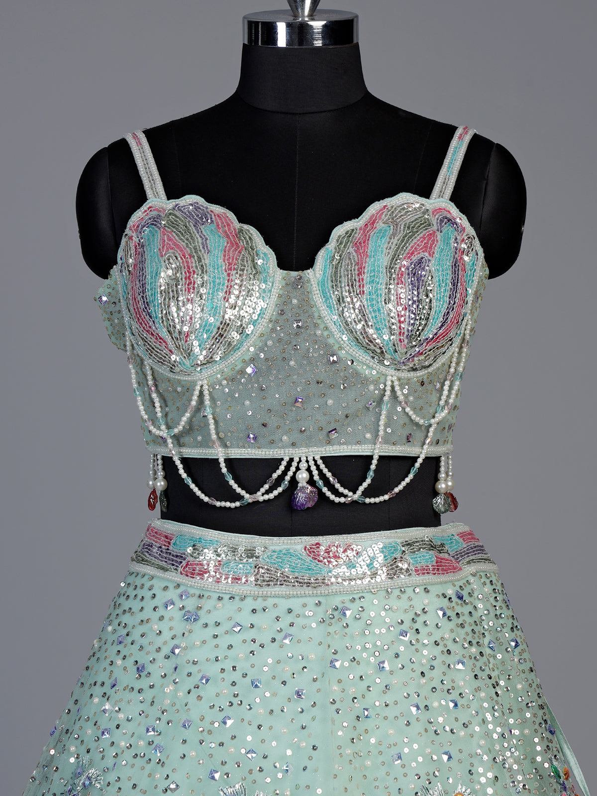 Pista green pearl embellished lehenga choli for women