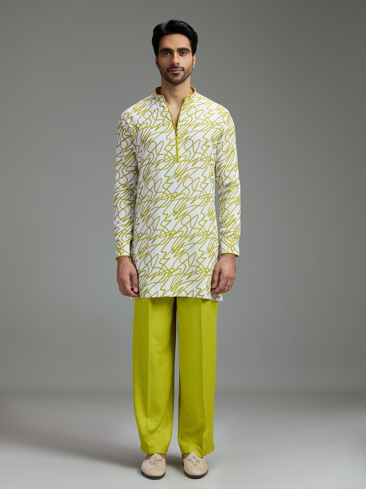 Off white and lime green mens abstract print kurta suit