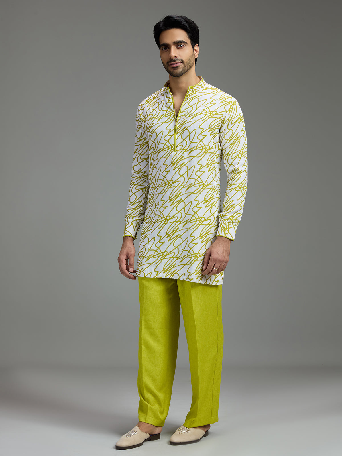 Off white and lime green mens abstract print kurta suit
