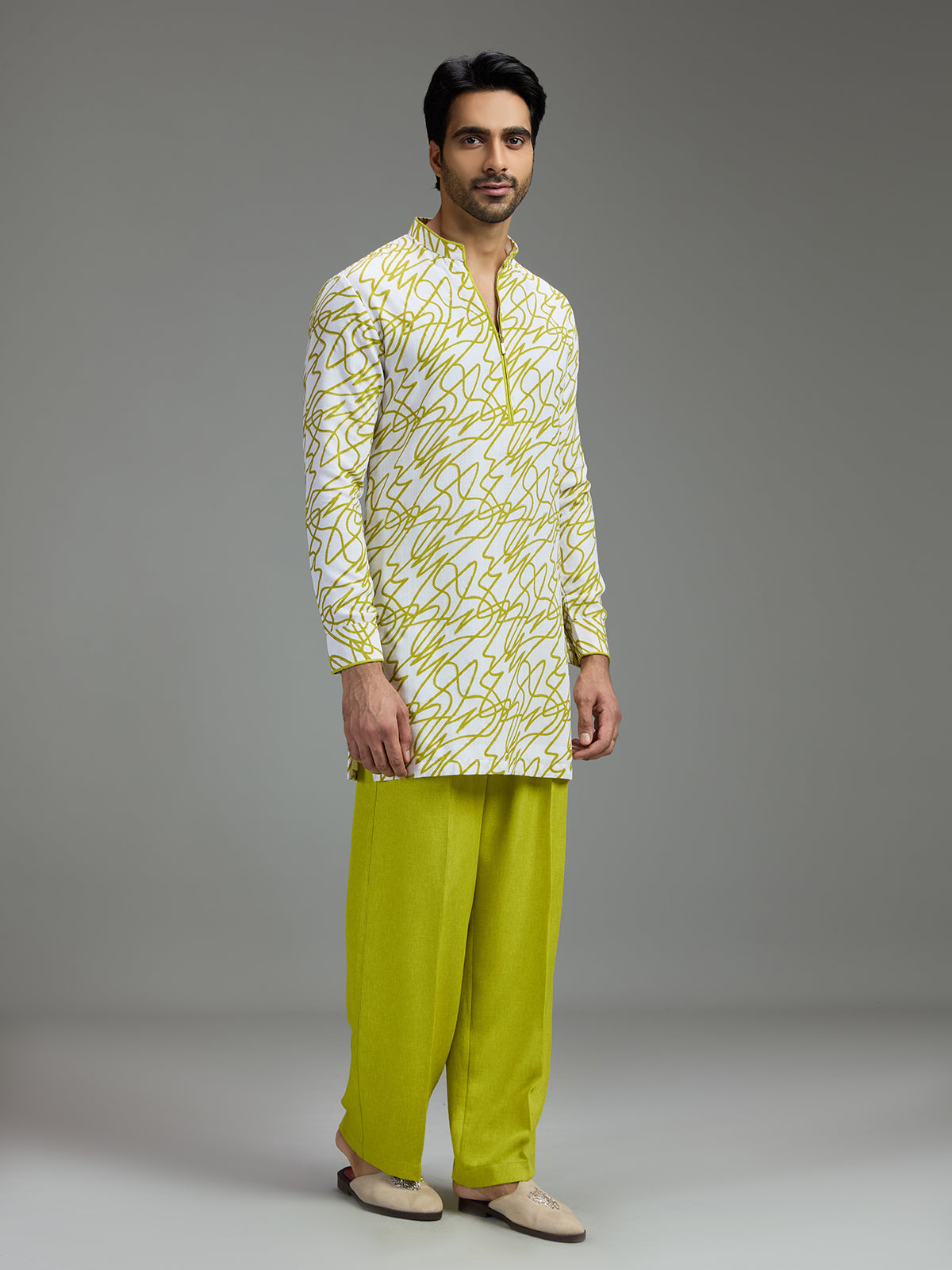 Off white and lime green mens abstract print kurta suit