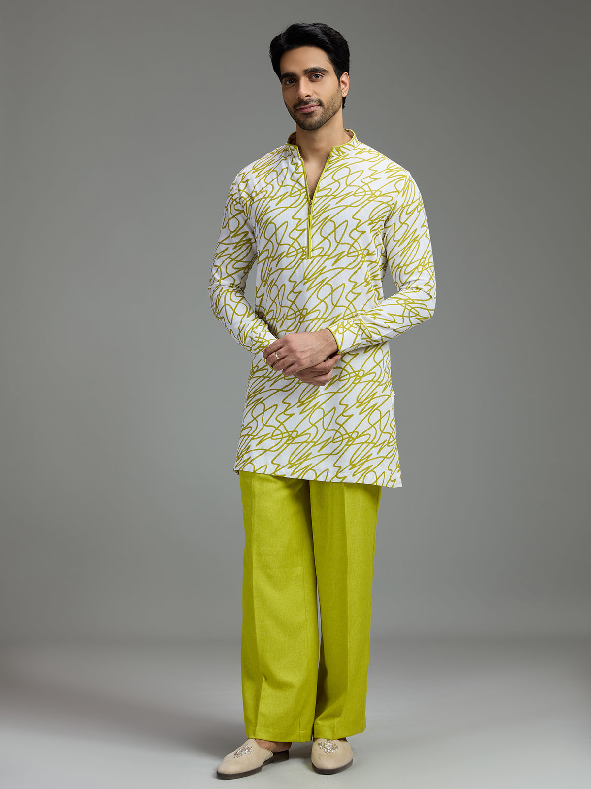 Off white and lime green mens abstract print kurta suit