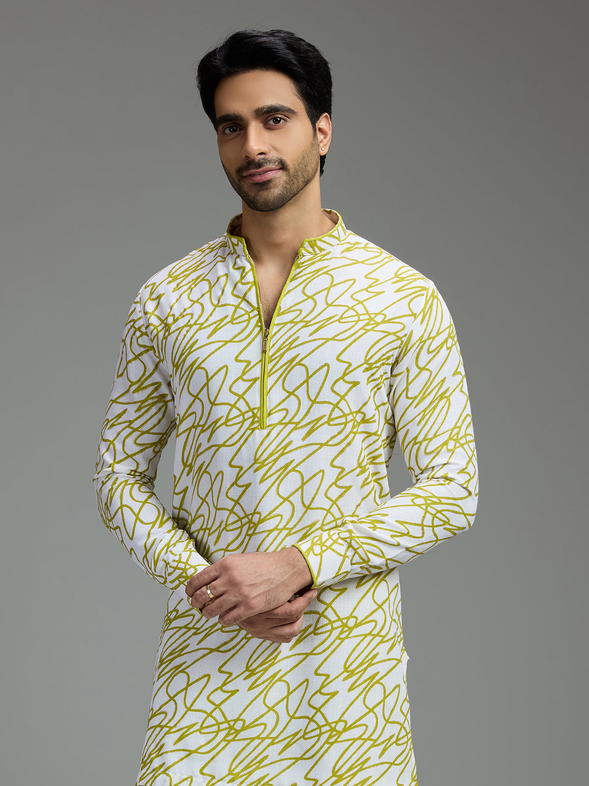 Off white and lime green mens abstract print kurta suit