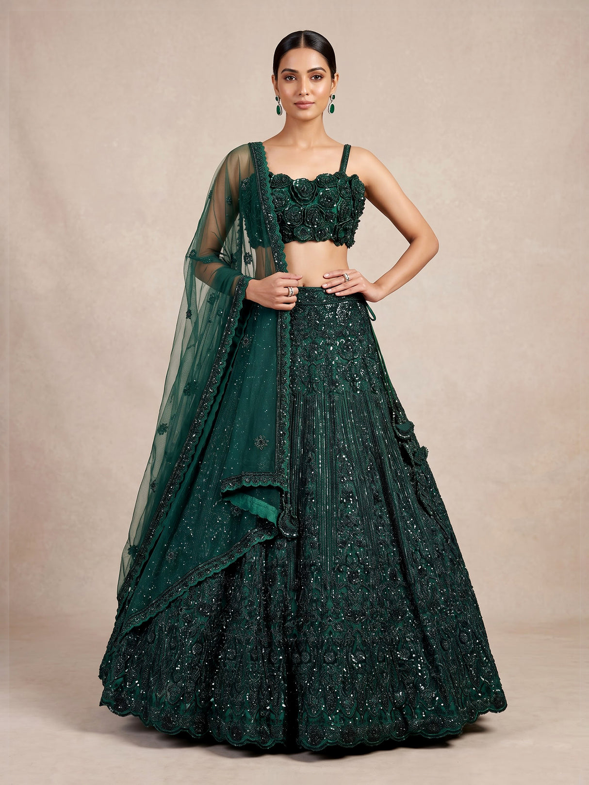 Bottle green floral sequin lehenga choli for women