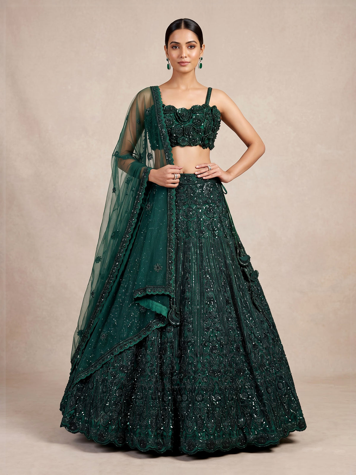 Bottle green floral sequin lehenga choli for women