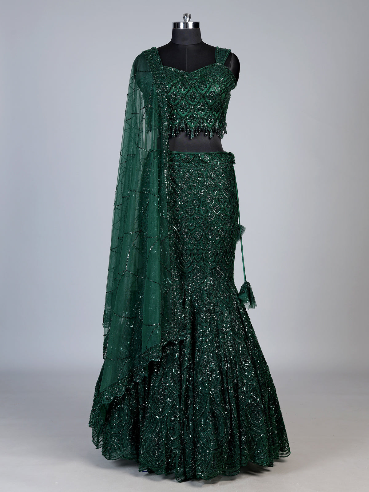 Green sweetheart tiered lehenga choli for women