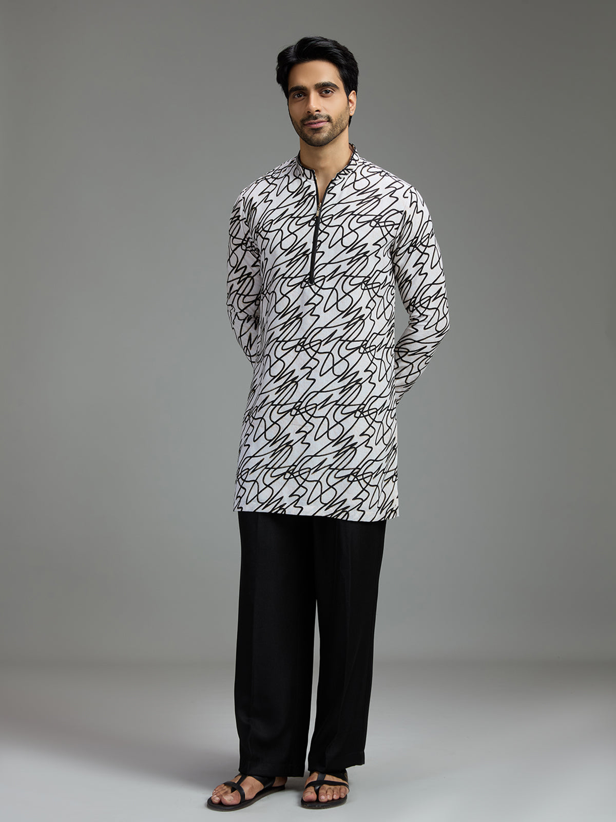 Off white and black mens abstract print kurta suit