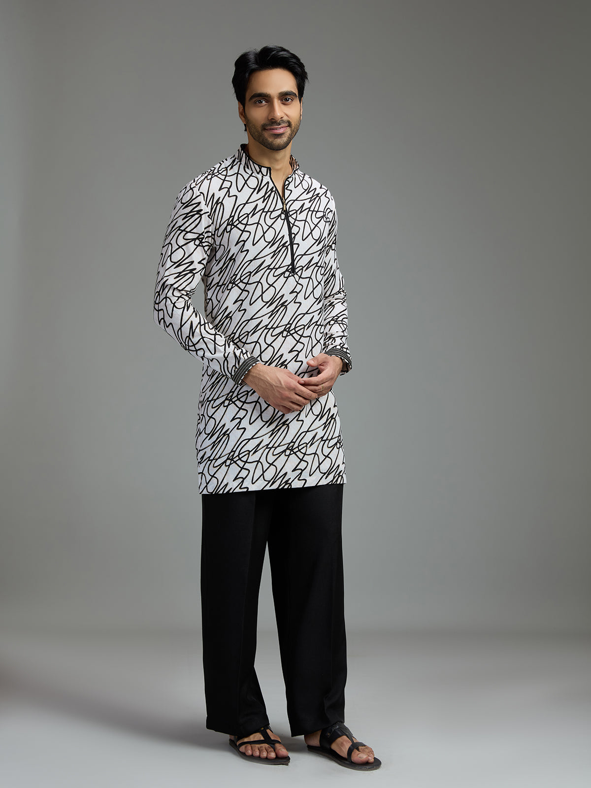 Off white and black mens abstract print kurta suit