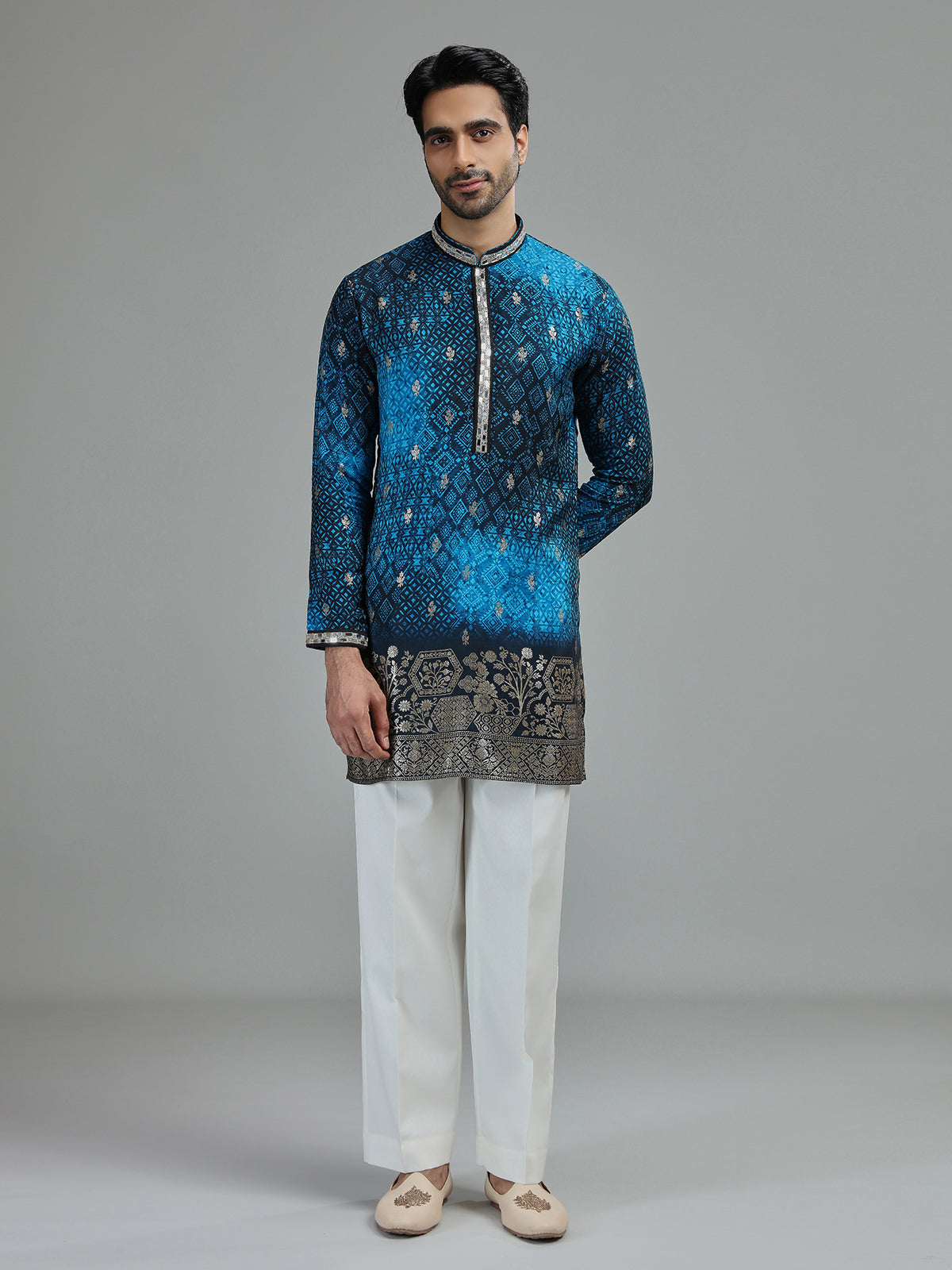 Blue mens bandhani botanical kurta suit