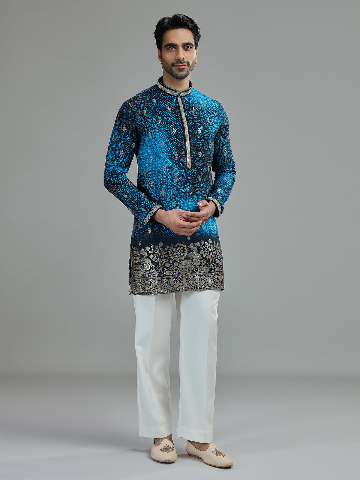 Blue mens bandhani botanical kurta suit