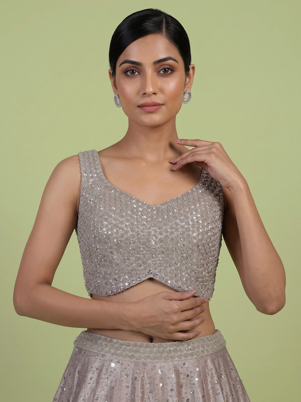 Metallic rose gold pre-draped lehenga choli for women