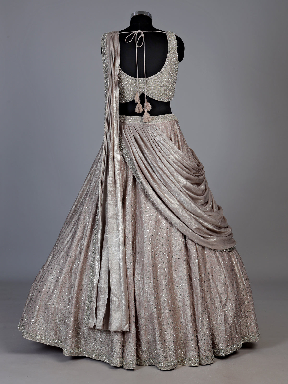 Metallic rose gold pre-draped lehenga choli for women