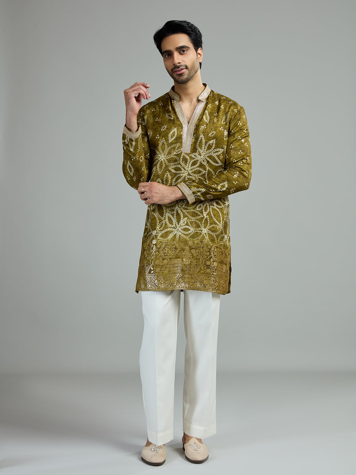 Mehendi green mens floral zari kurta suit