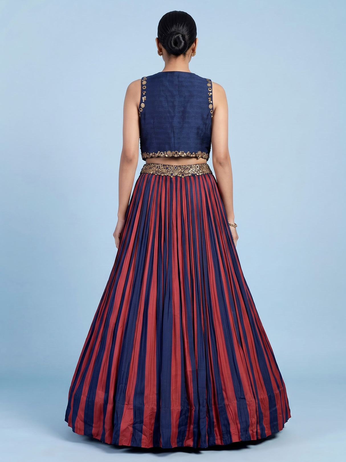 Rust blue striped jacket lehenga choli for women