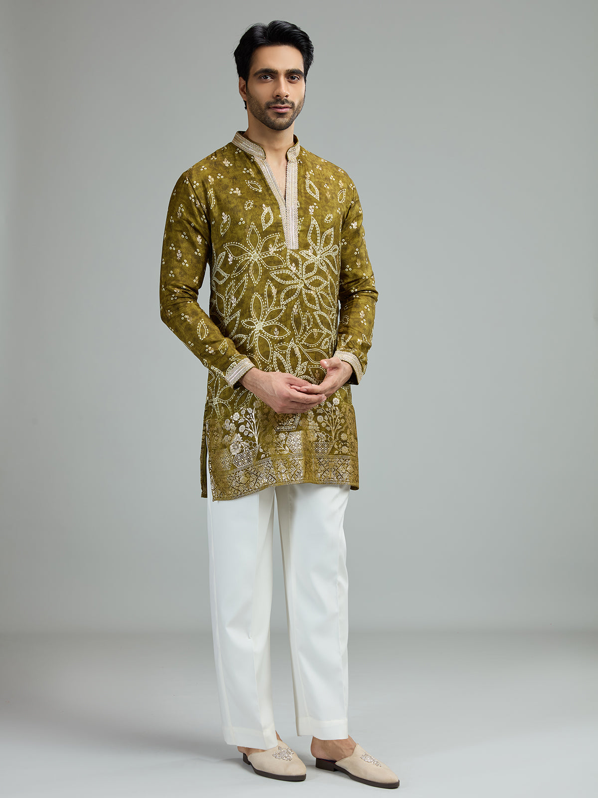 Mehendi green mens floral zari kurta suit
